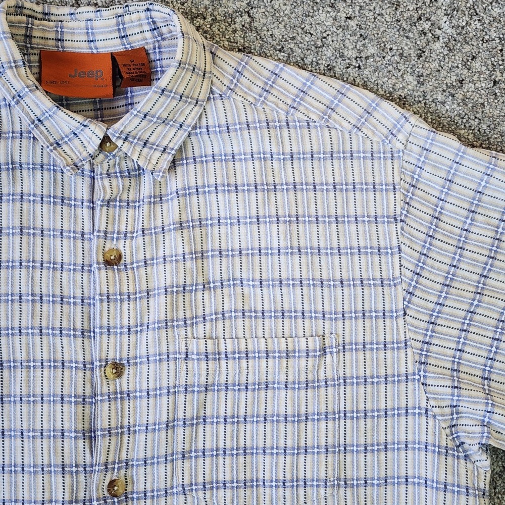 Jeep Button Up Shirt Mens Medium Plaid‎ Textured Cooling 100% Cotton EUC